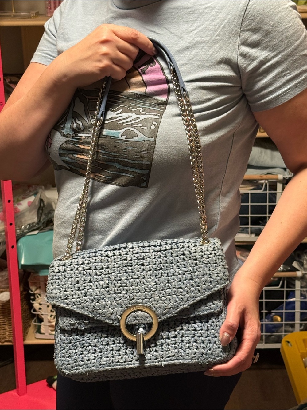 Sandro Paris Yza Raffia Shoulder Bag | Blue Woven Top Handle Purse - Picture 3 of 17